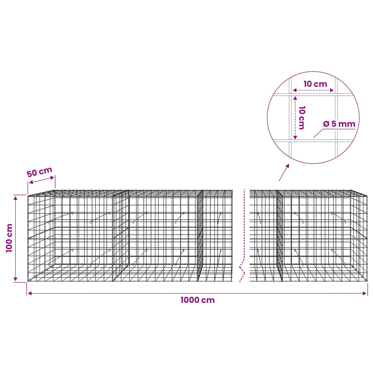 vidaXL Gabion with 5 mm Wire and 10x10 cm Mesh 1000x50x100 cm 6