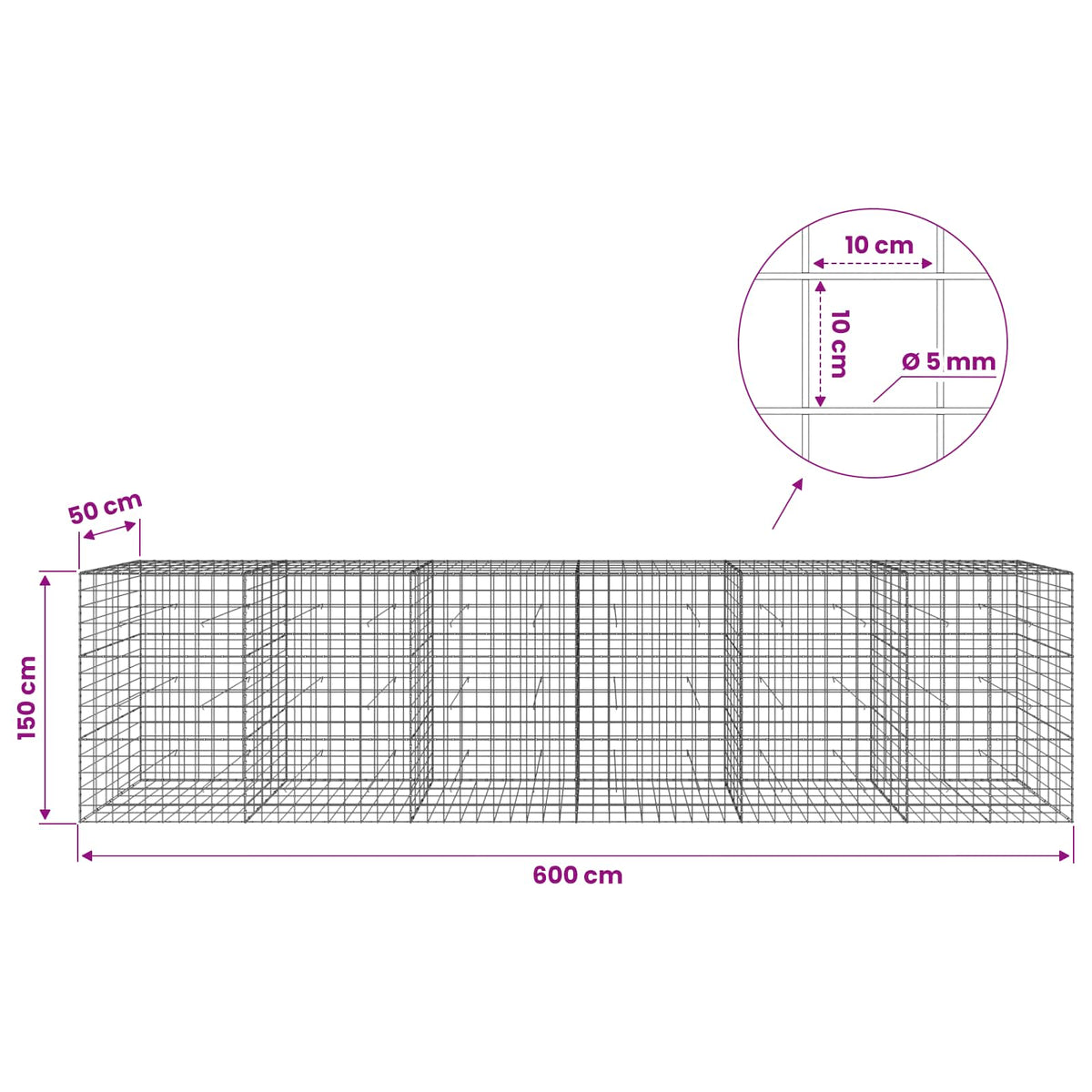 vidaXL Gabion with 5 mm Wire and 10x10 cm Mesh 600x50x150 cm 6