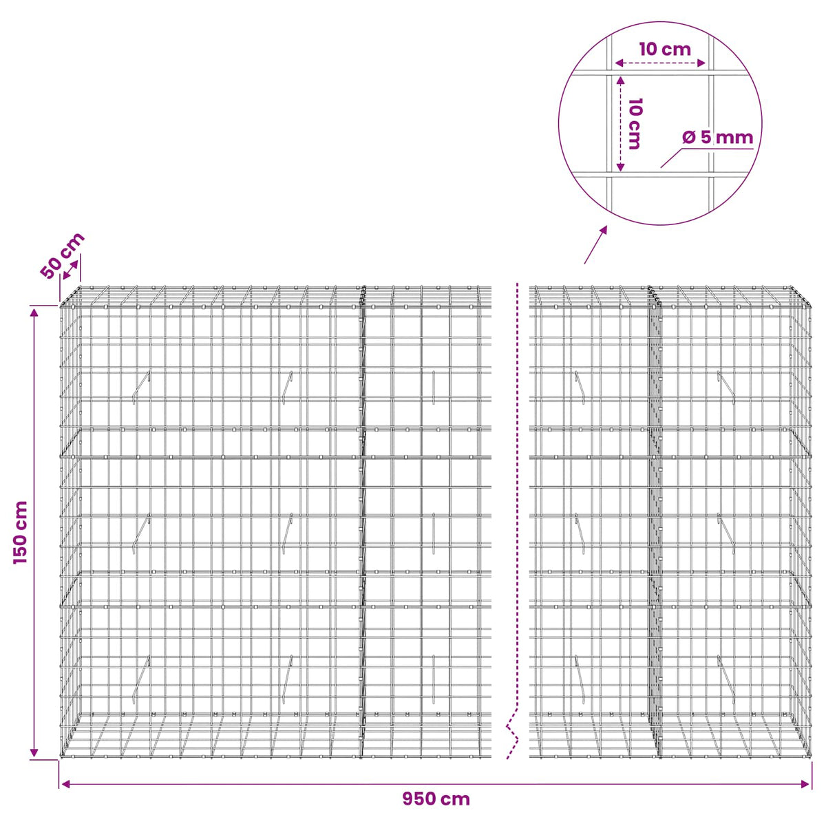 vidaXL Gabion with 5 mm Wire and 10x10 cm Mesh 950x50x150 cm 6