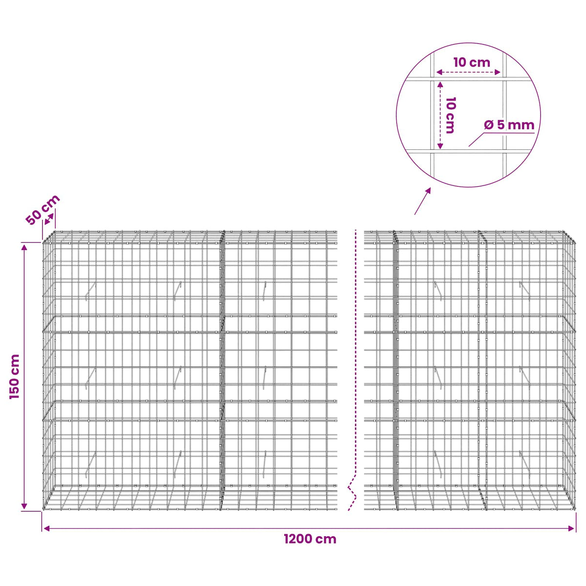 vidaXL Gabion with 5 mm Wire and 10x10 cm Mesh 1200x50x150 cm 6