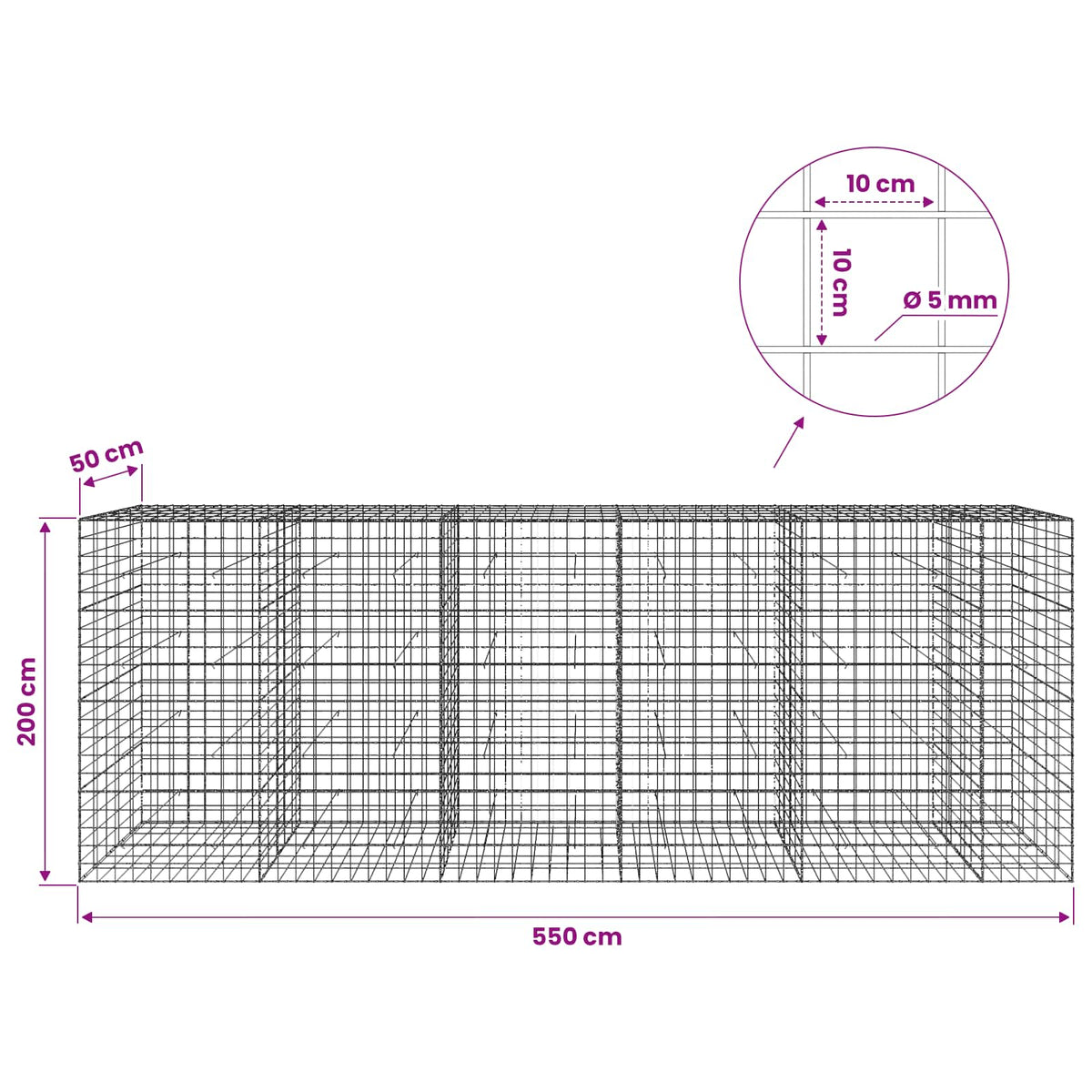 vidaXL Gabion with 5 mm Wire and 10x10 cm Mesh 550x50x200 cm 6
