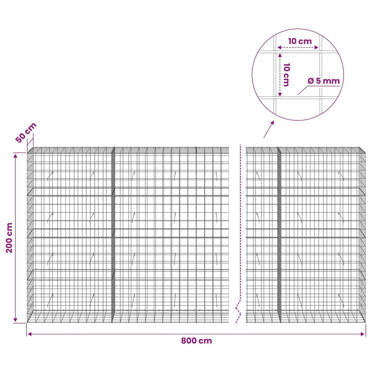 vidaXL Gabion with 5 mm Wire and 10x10 cm Mesh 800x50x200 cm 6