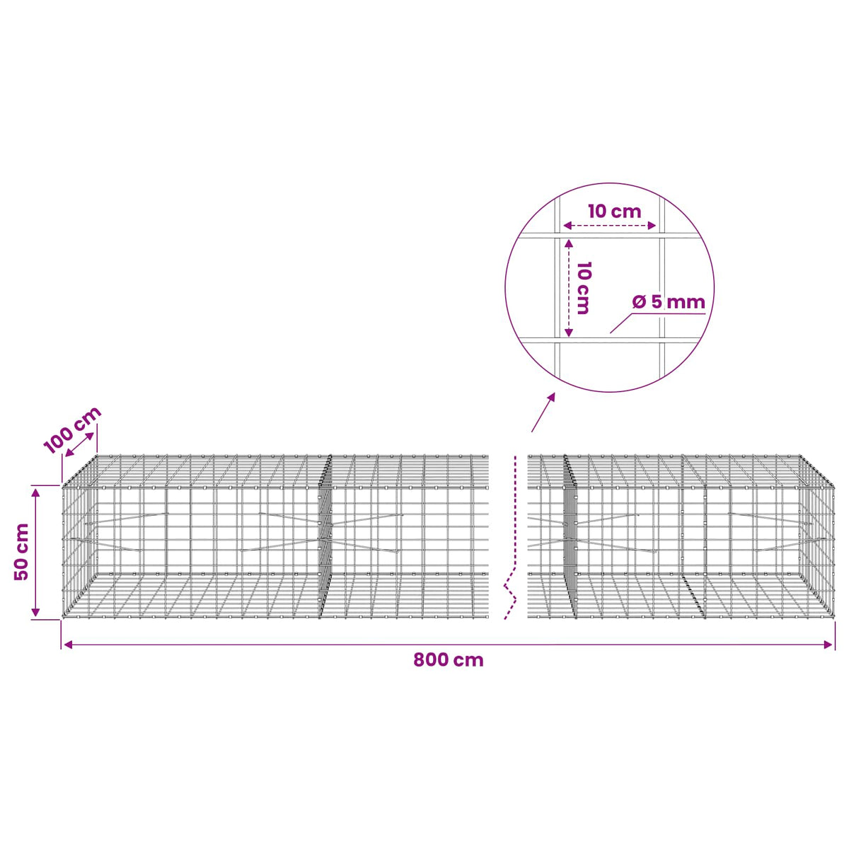 vidaXL Gabion with 5 mm Wire and 10x10 cm Mesh 800x100x50 cm 6