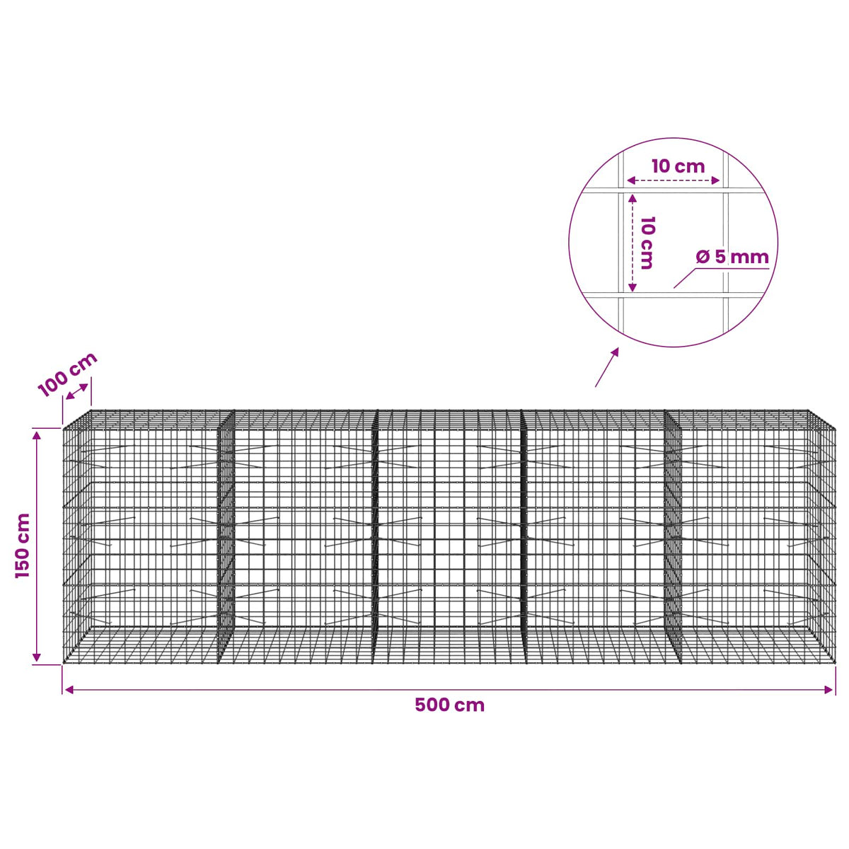 vidaXL Gabion with 5 mm Wire and 10x10 cm Mesh 500x100x150 cm 6