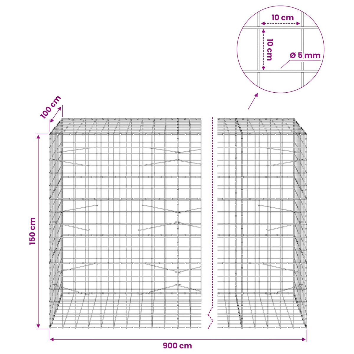 vidaXL Gabion with 5 mm Wire and 10x10 cm Mesh 900x100x150 cm 6