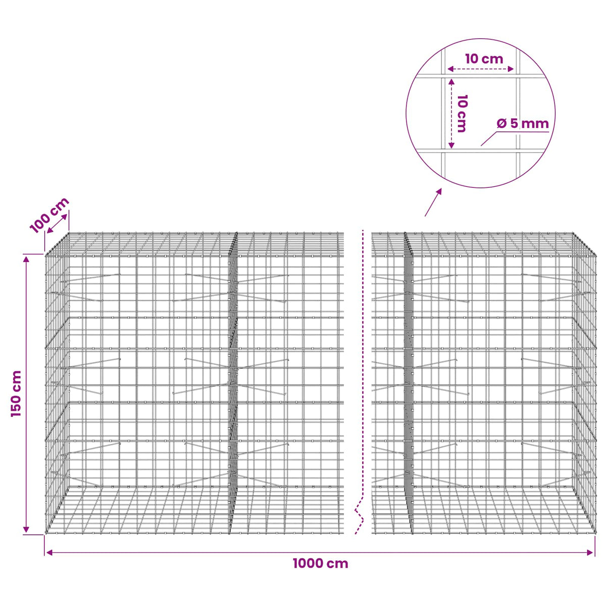vidaXL Gabion with 5 mm Wire and 10x10 cm Mesh 1000x100x150 cm 6