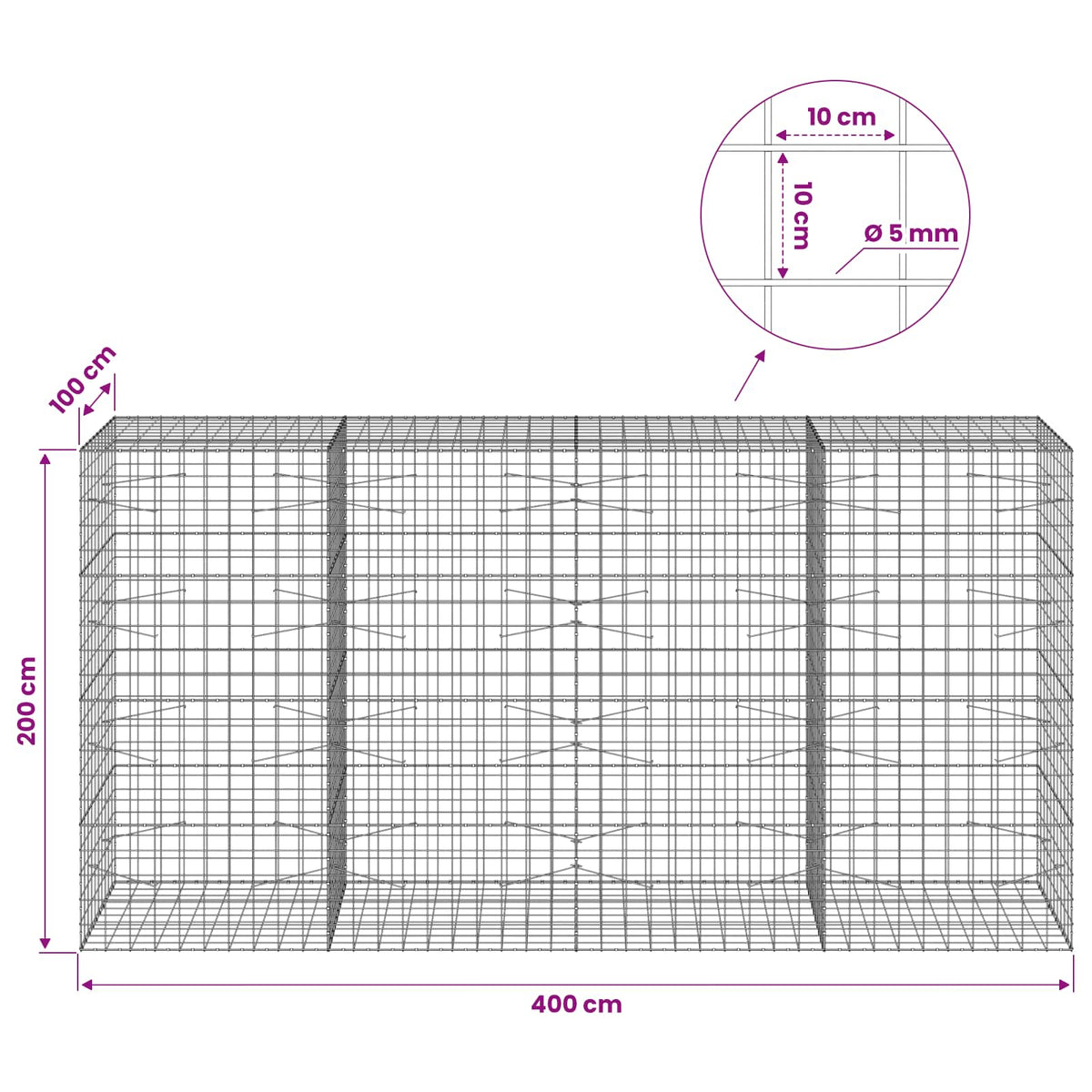 vidaXL Gabion with 5 mm Wire and 10x10 cm Mesh 400x100x200 cm 6