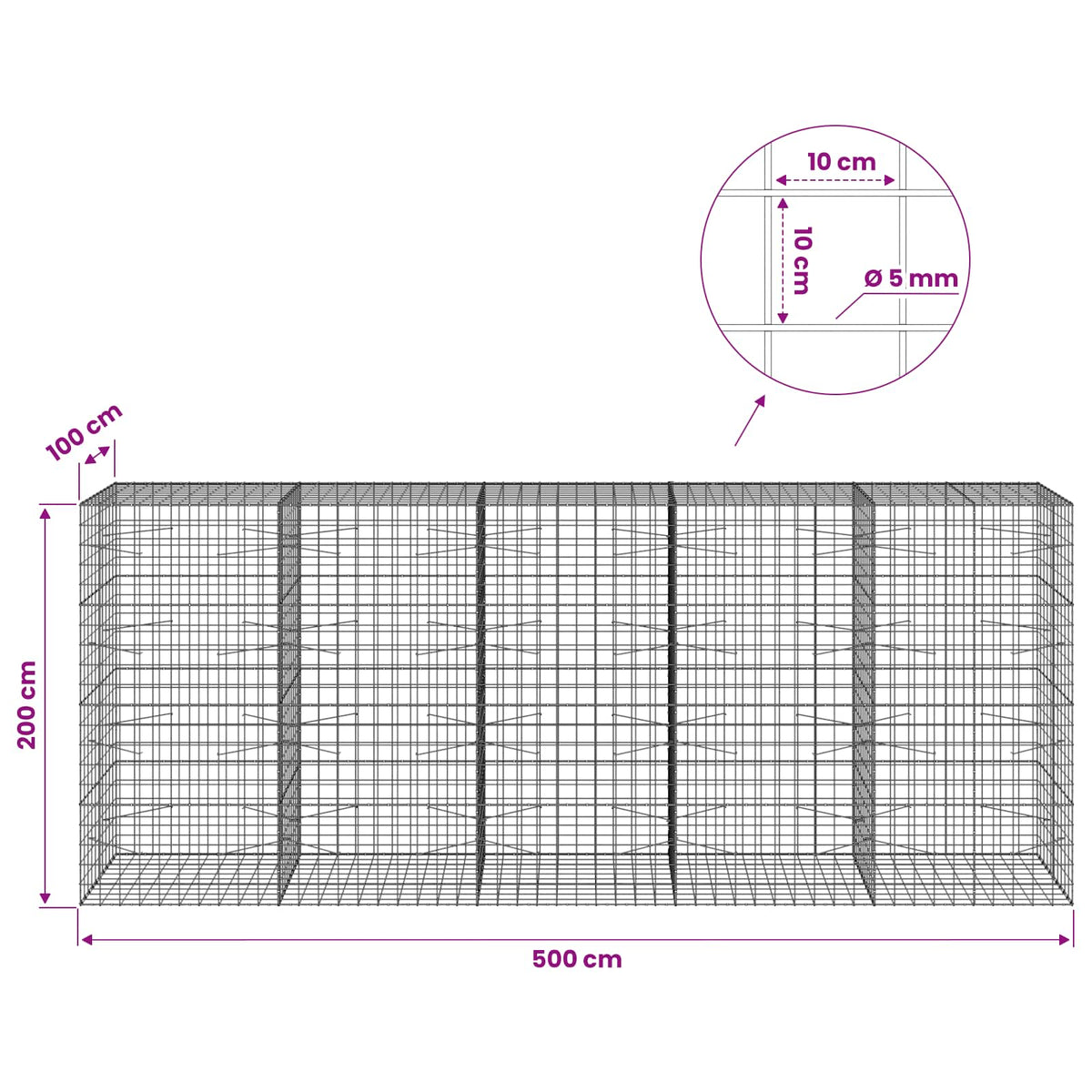 vidaXL Gabion with 5 mm Wire and 10x10 cm Mesh 500x100x200 cm 6