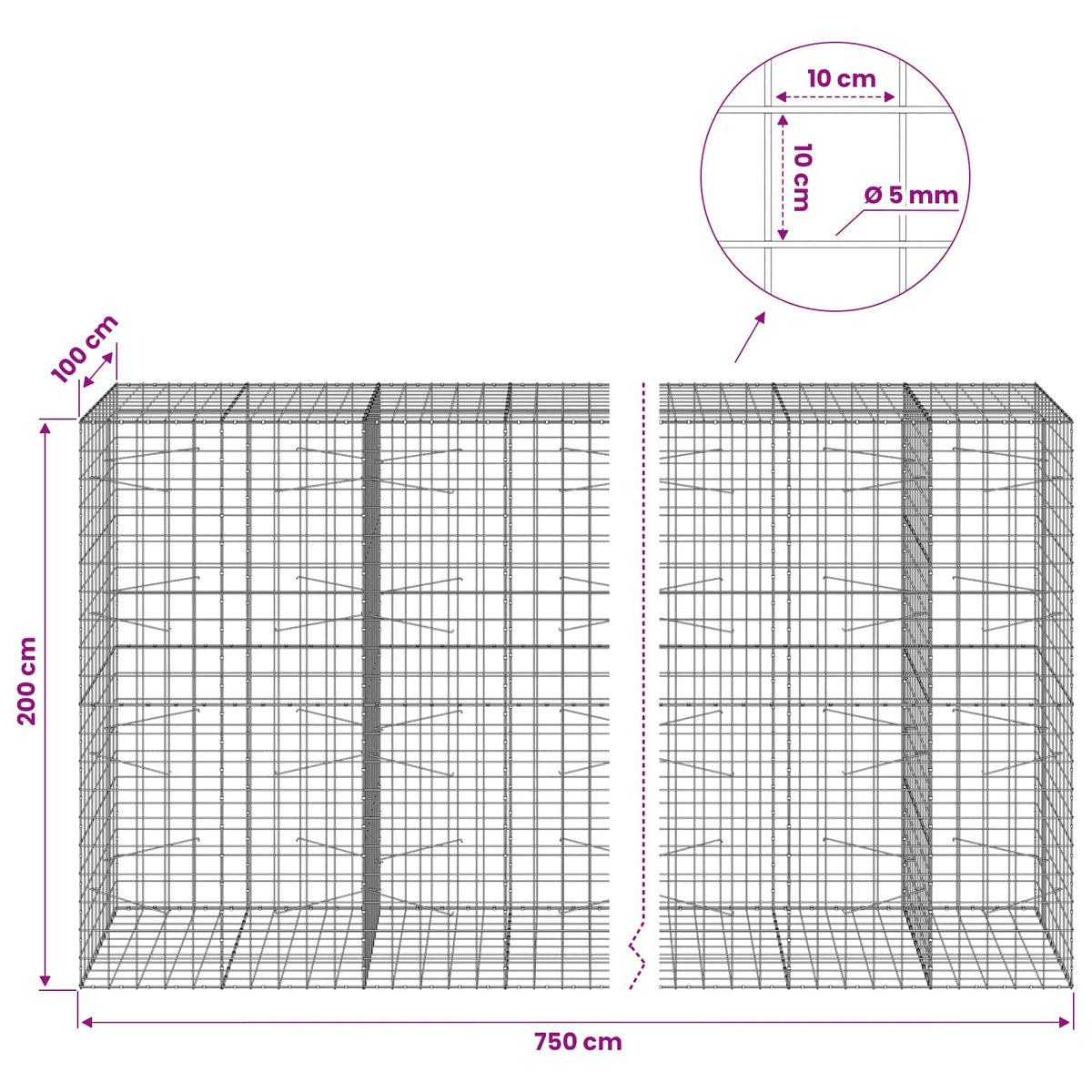 vidaXL Gabion with 5 mm Wire and 10x10 cm Mesh 750x100x200 cm 6