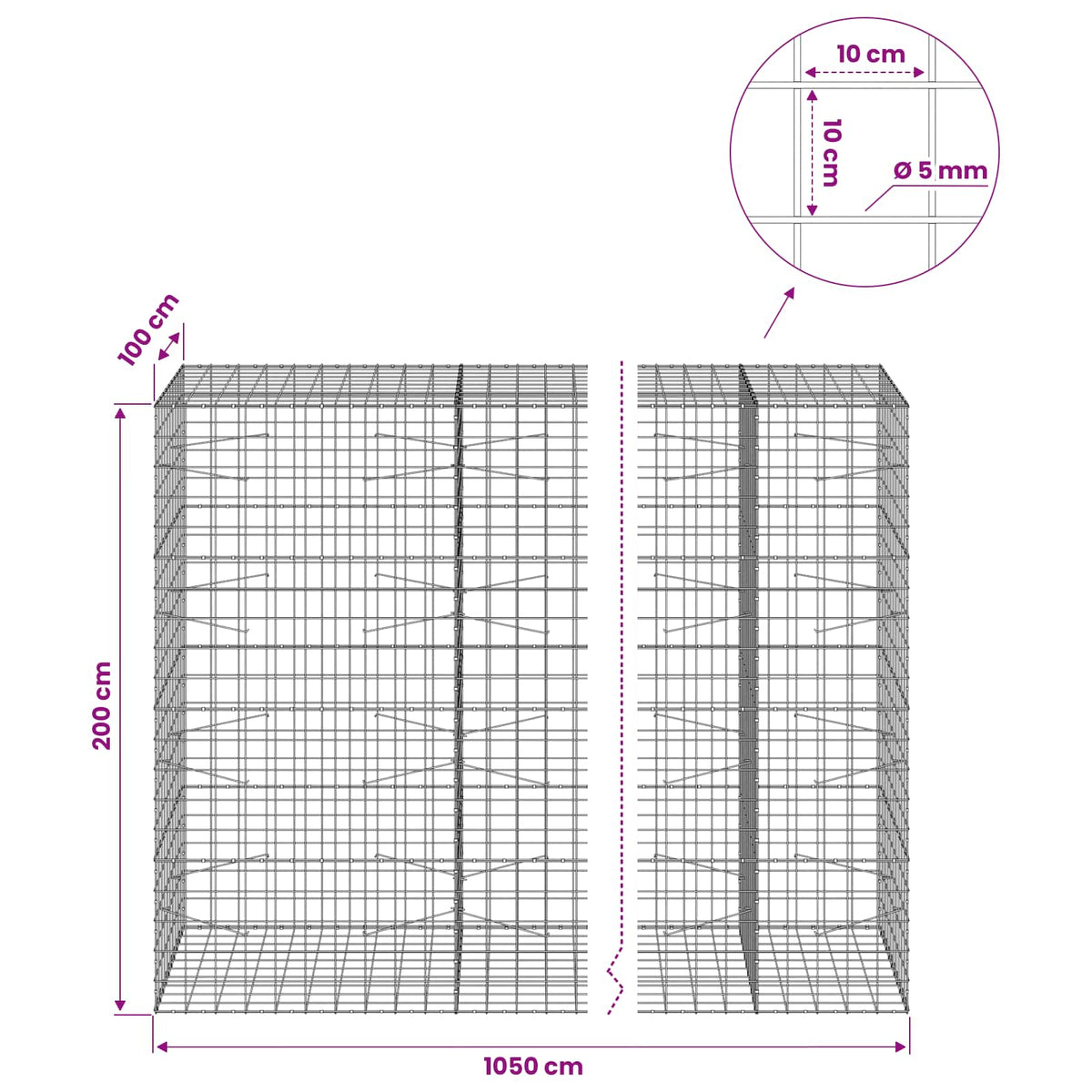 vidaXL Gabion with 5 mm Wire and 10x10 cm Mesh 1050x100x200 cm 6