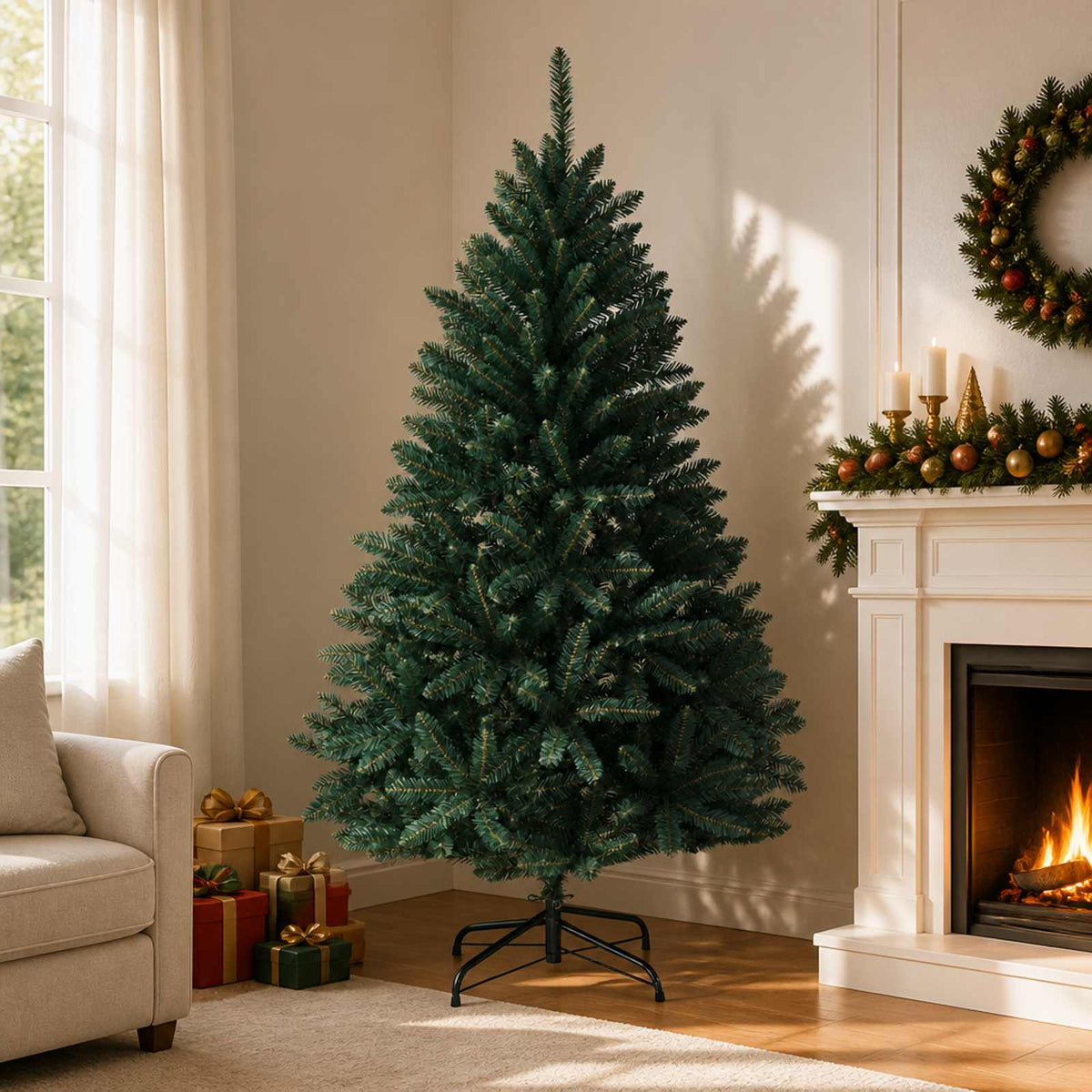 Artificial Christmas Tree with Bauble 180 cm Dark Green Ø 90 x 180 cm without LED