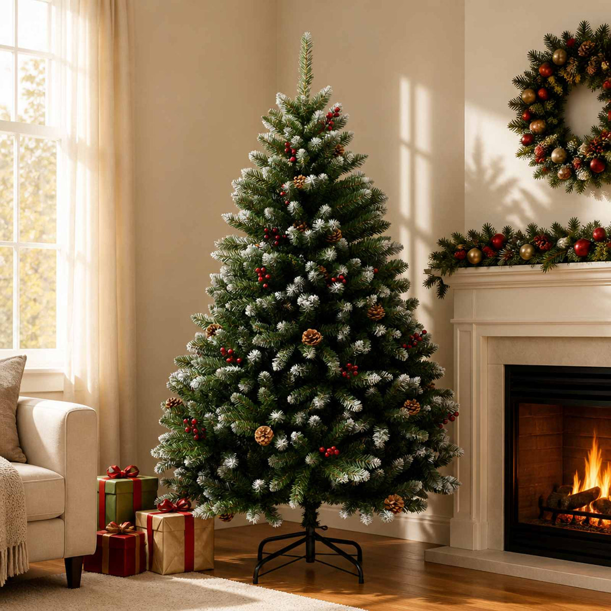 Artificial Christmas Tree Green with Bauble 180 cm 300 LEDs Green with Frosted Tips Ø 90 x 180 cm without LED