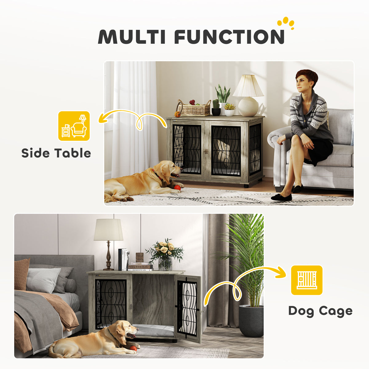 PawHut Indoor Dog Crate Furniture End Table with Soft Washable Cushion, Lockable Front Door, for Large Dogs - Grey