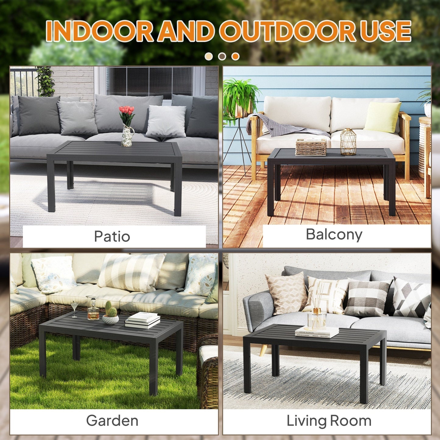 Outsunny Outdoor Side Table, Rectangular Patio Coffee Side Table with Steel Frame and Slat Tabletop for Garden, Balcony, Grey