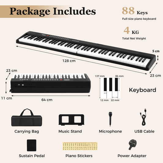 88 Key Foldable Piano Keyboard with MIDI Wireless Connection and Microphone-Black