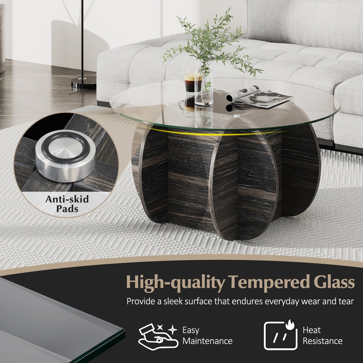 89cm Round Coffee Table Modern Accent Table with Tempered Glass Top-Black