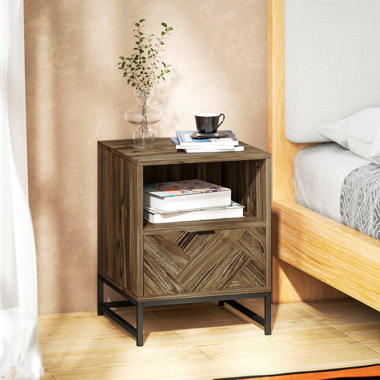 HOMCOM Bedside Table with Drawer and Shelf, Side End Table with Steel Legs for Living Room, Bedroom, Brown Wood Effect
