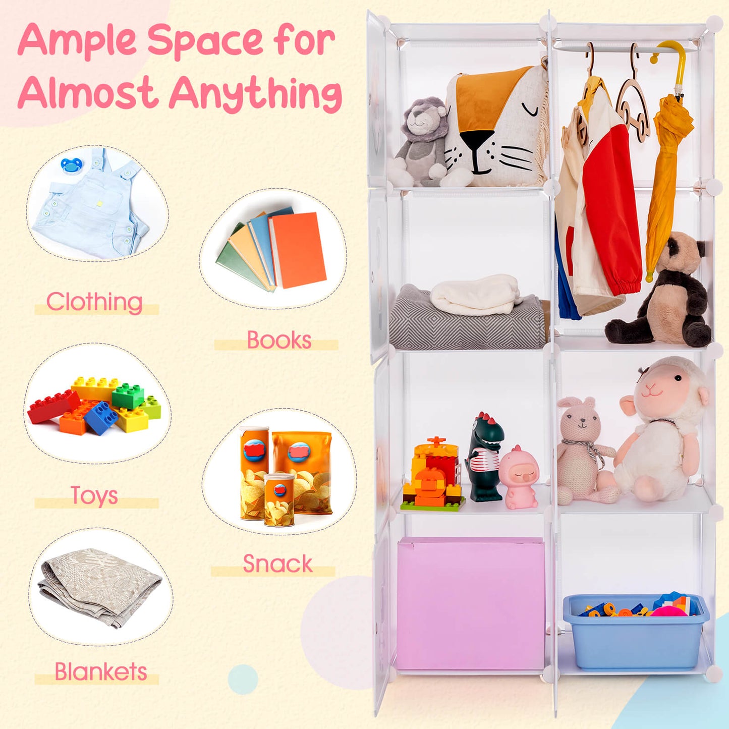 8-cube Baby Closet Organizer with Doors and Hanging Section-White