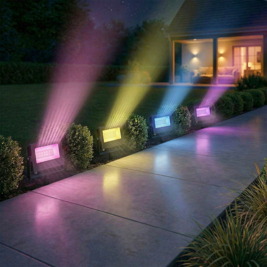 Outsunny 32W LED Floodlights, Linkable 4-Pack Landscape Lighting with Remote Control, RGB Colour Changing, UK Plug, Black