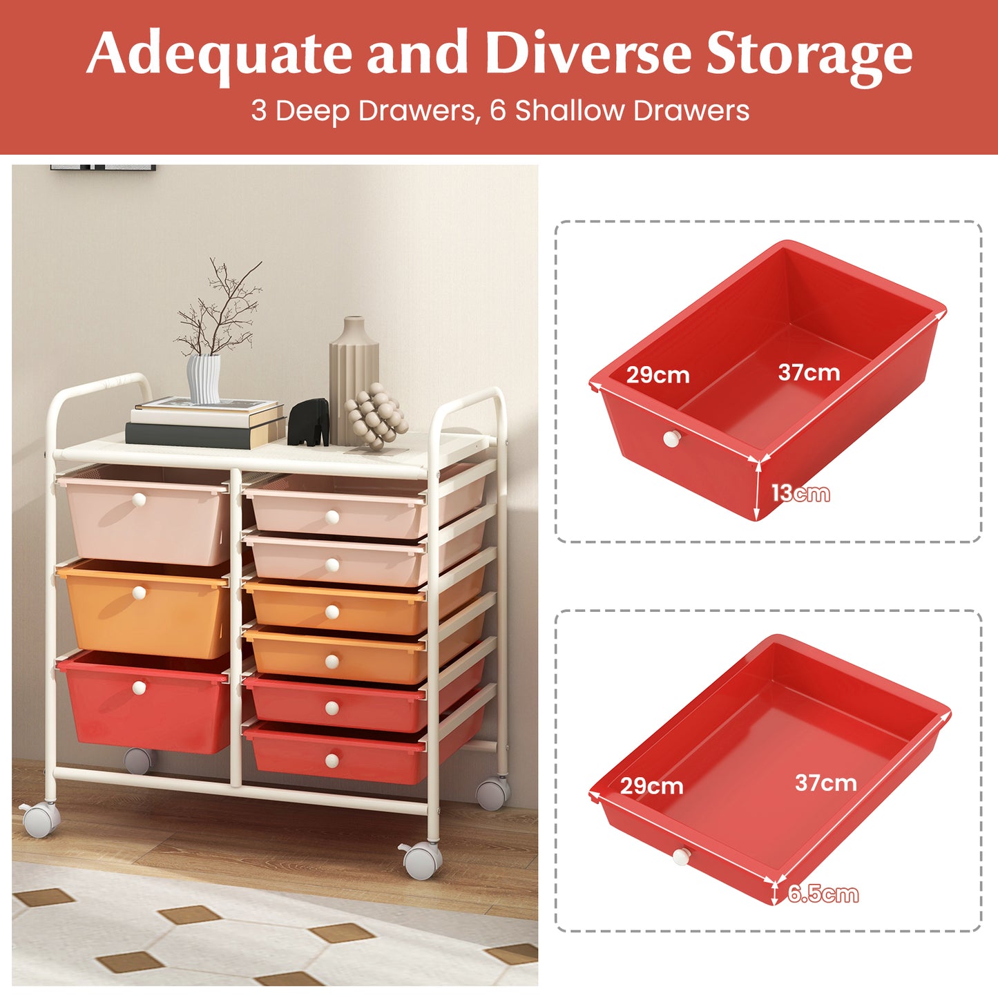 9-Drawer Rolling Storage Cart Tools Scrapbook Paper Organizer-Red