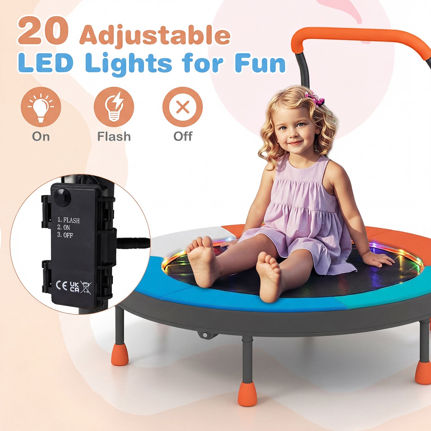 90 cm Folding Mini Trampoline for Kids with Lights and Padded Safety Cover-Multicolor