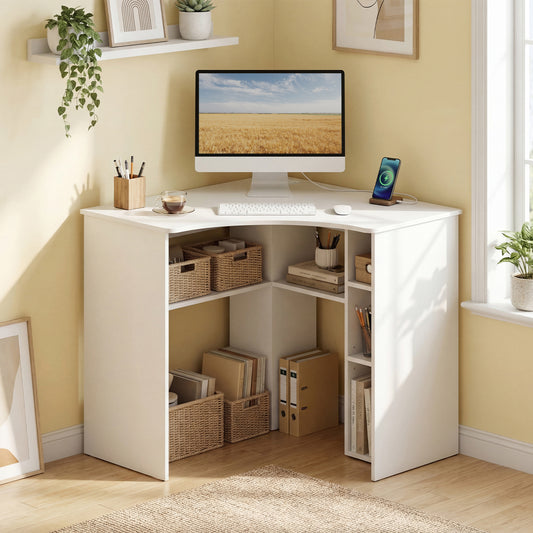 90-degree Triangle Computer Desk with Open Storage Shelves-White