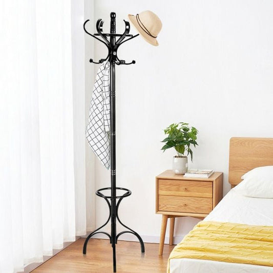 Practical Birch Coat Stand with 360°Rotating Top Tier for Hat & Jacket-Black