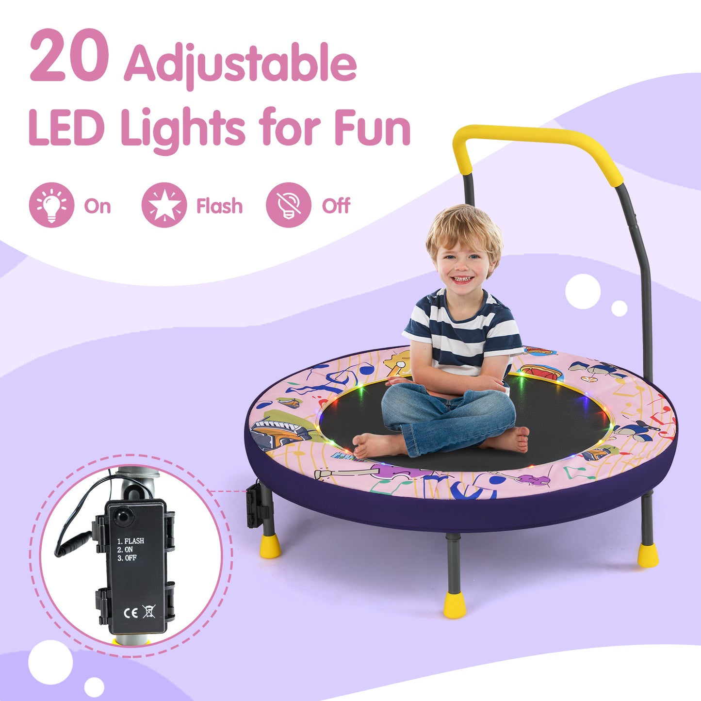 90 cm Folding Mini Trampoline for Kids with Lights and Padded Safety Cover-Pink