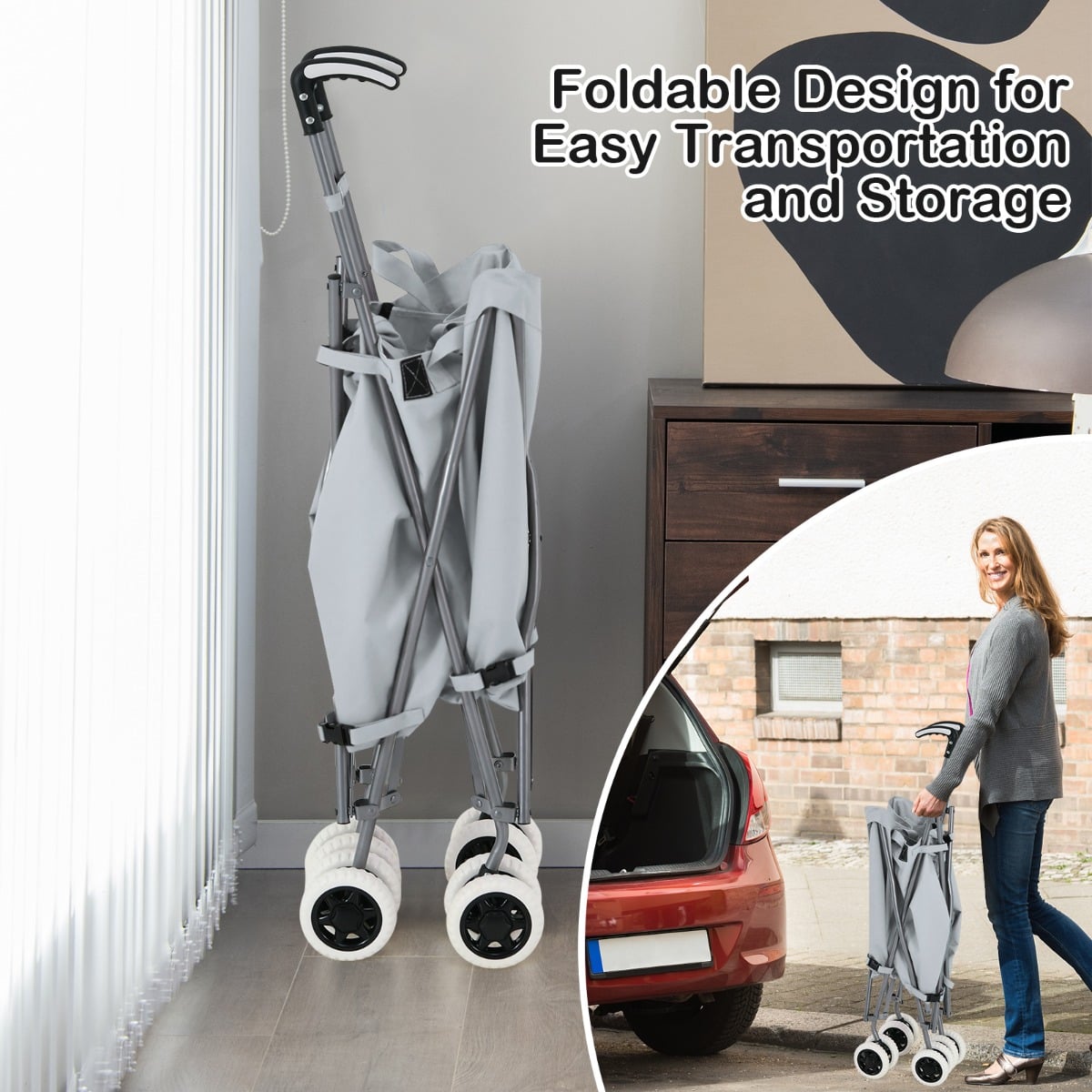 90L Folding Shopping Trolley with Removable Waterproof Bag and Cove-Grey