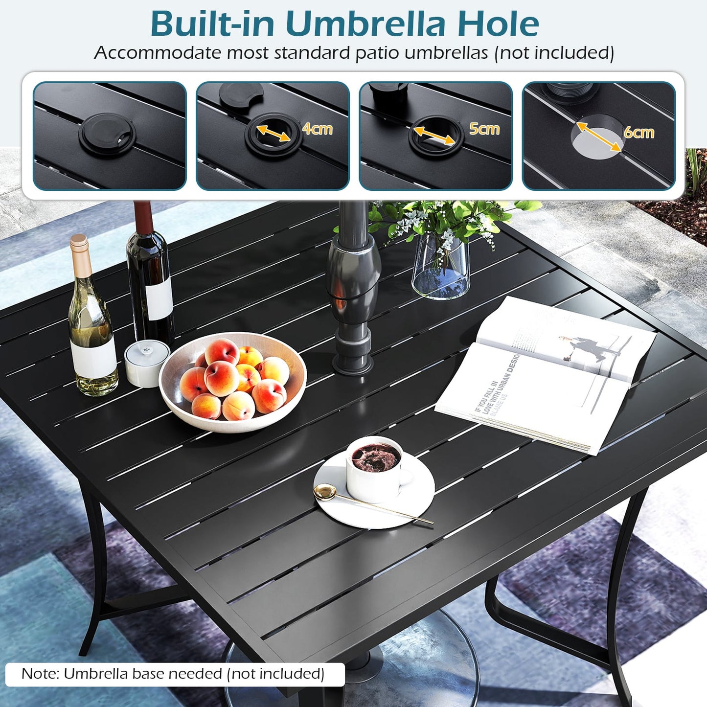 91CM Square Patio Table for 4 Outdoor Metal Dining Table with Umbrella Hole-Black