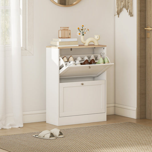 HOMCOM Two Flip Drawer Shoe Cabinet - White