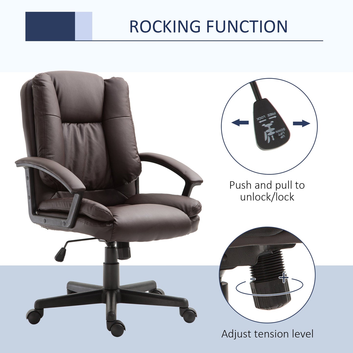 HOMCOM Office Chair, Computer Desk Chair, PU Leather Mid Back Executive Chair with Adjustable Height and Swivel Rolling Wheels for Home Study, Brown