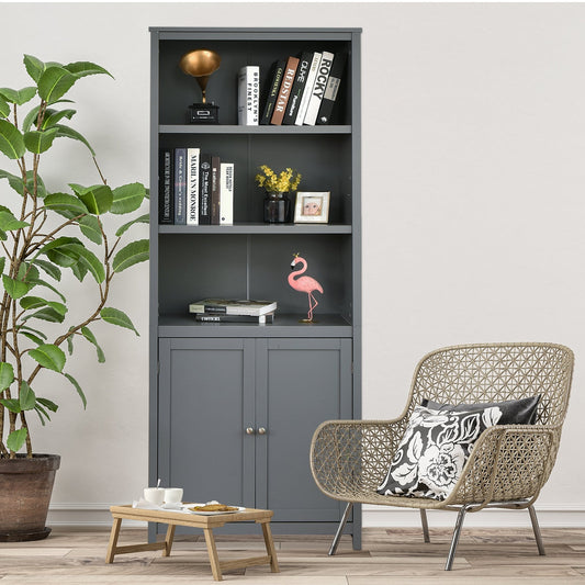 3-Shelf Bookcase with Double Doors & Adjustable Shelves & Cabinet-Grey