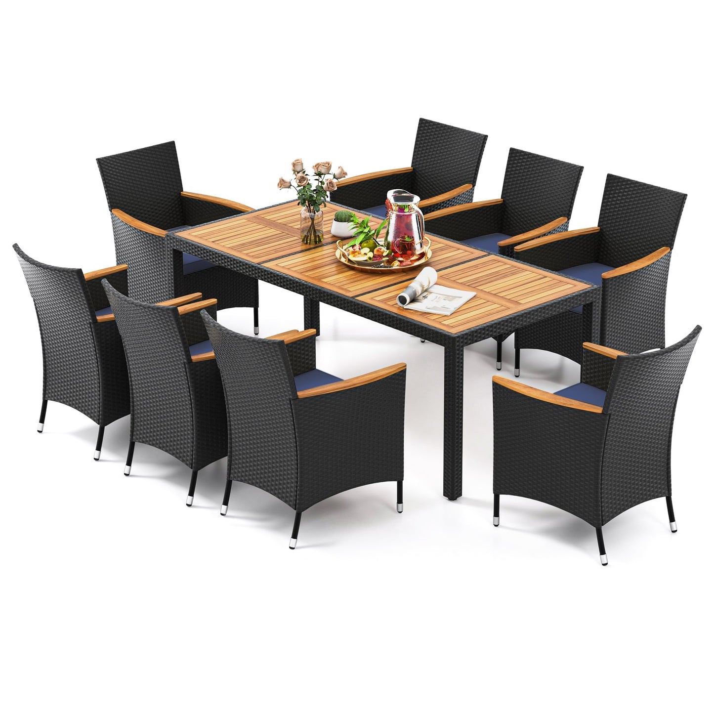 9 PCS Patio Dining Set for 8 Large Conversation Set with Umbrella Hole-Navy