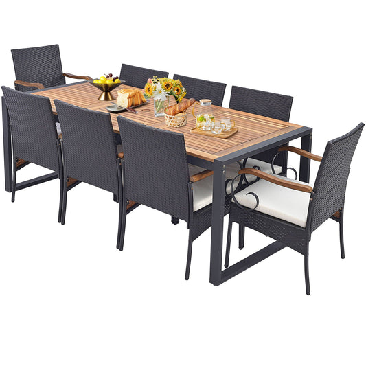 9 Pieces Outdoor Table and Chairs Set with Cushions and Umbrella Hole