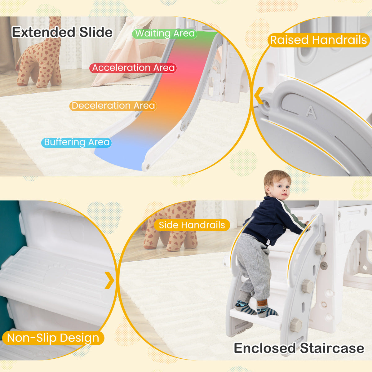 9 in 1 Toddler Slide L Shaped Kids Slide and Climber Playset with Basketball Hoop-Gray & White