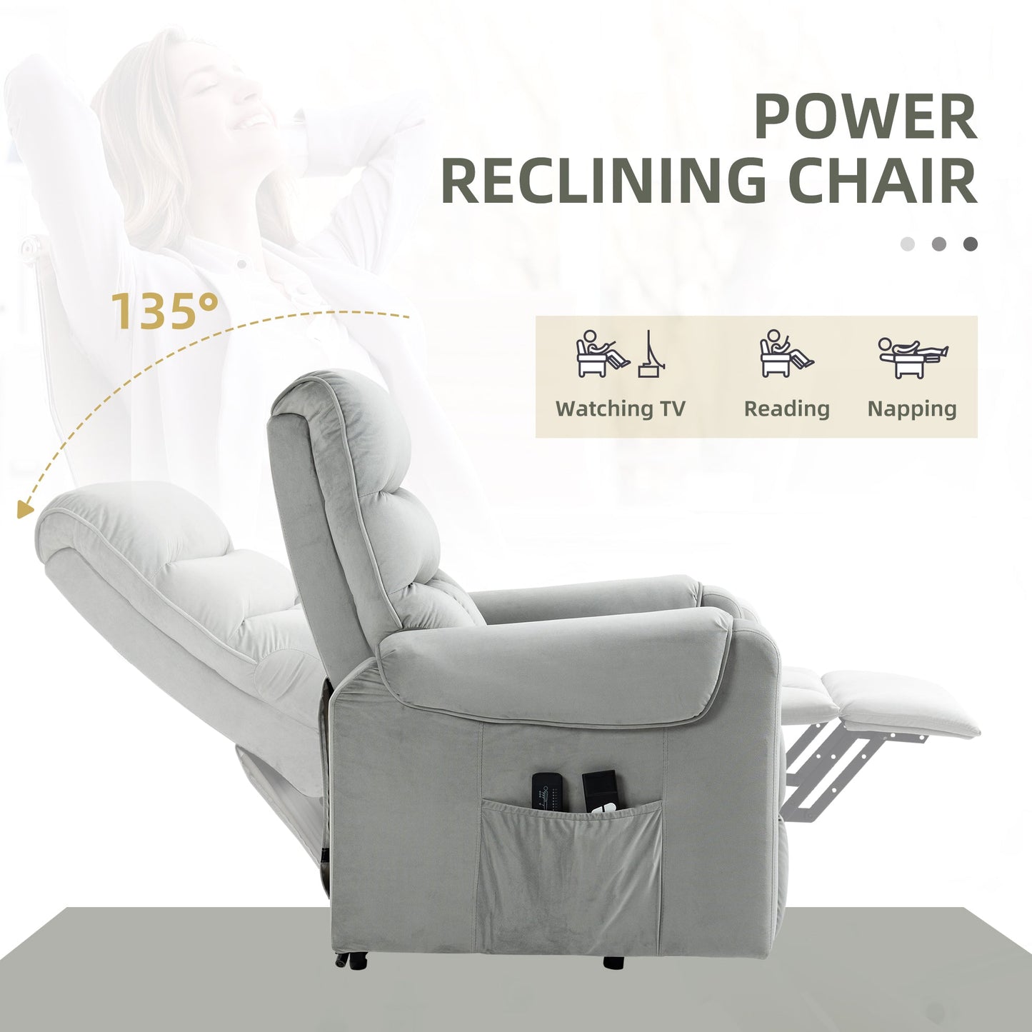 HOMCOM Vibration Massage Rise and Recliner Chair, Electric Power Lift Recliner with Remote Control and Side Pockets, Grey