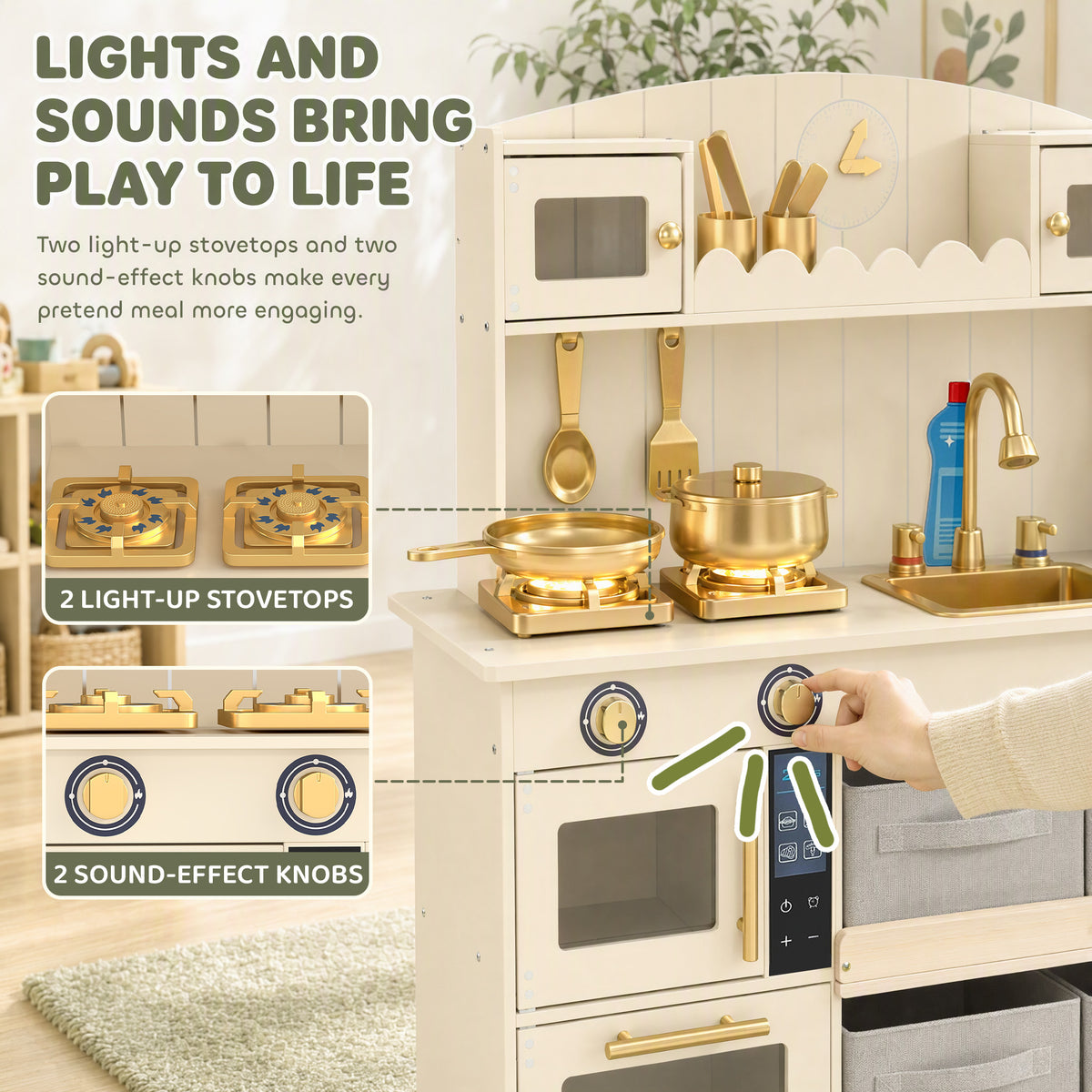 AIYAPLAY Kids Play Kitchen with Lights & Sounds, Pretend Play Toy set with 4 Fabric Drawers, 12-Piece Accessories for 3-6 Years