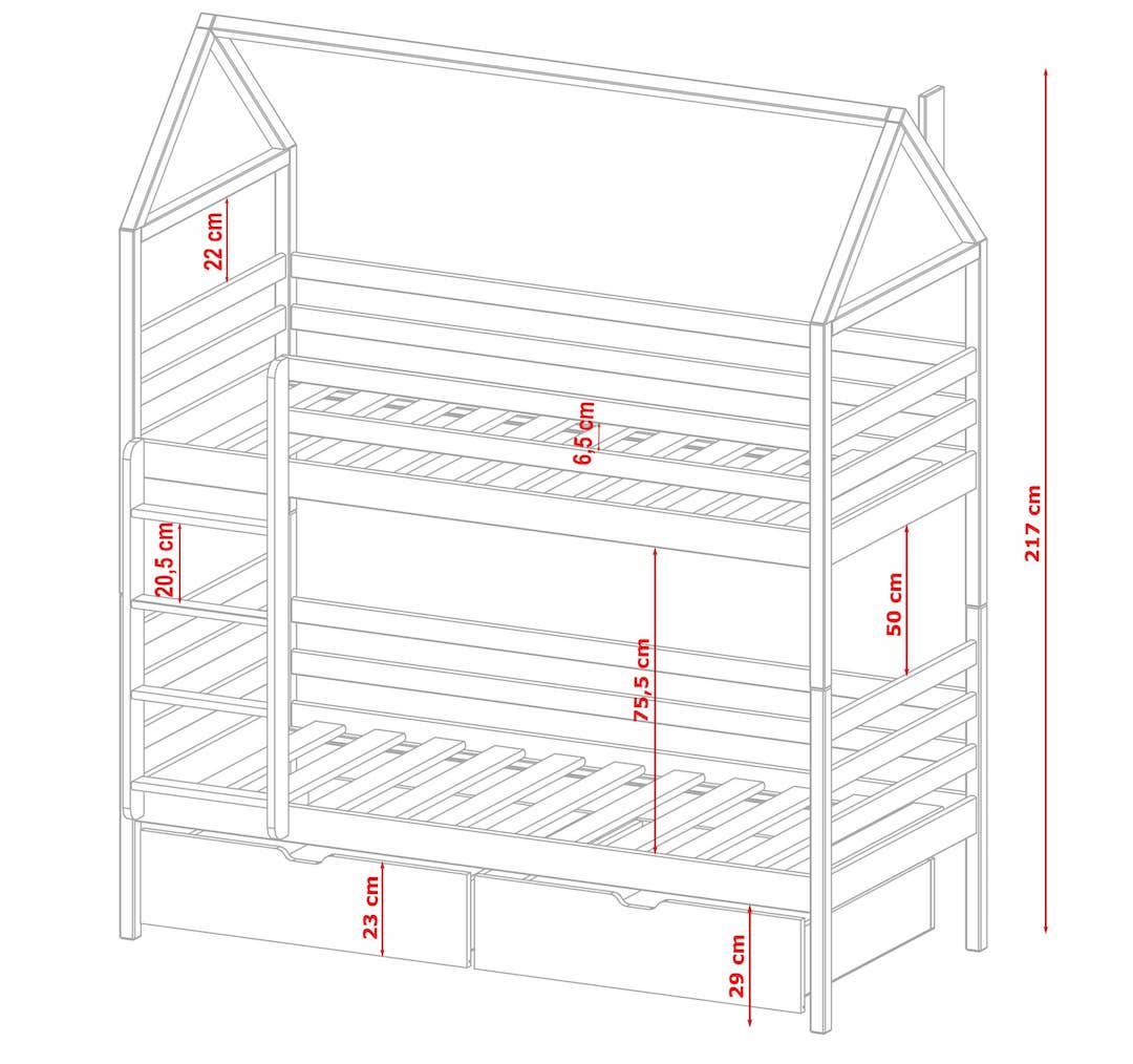 Dimensions of a children's house-shaped bed with red measurements on a white background