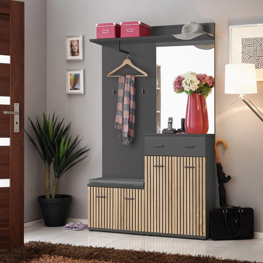 Modern entryway with a gray and wooden cabinet, mirror, and decorative items.
