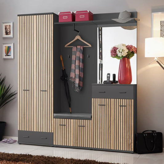 Clothing wardrobe with mirror and shelves in a room setting