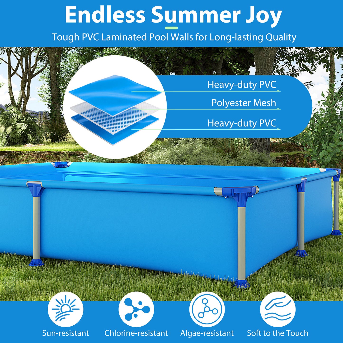 Above Ground Swimming Pool Outdoor Rectangular Pool for Kids above 3 with Metal Frame-Blue