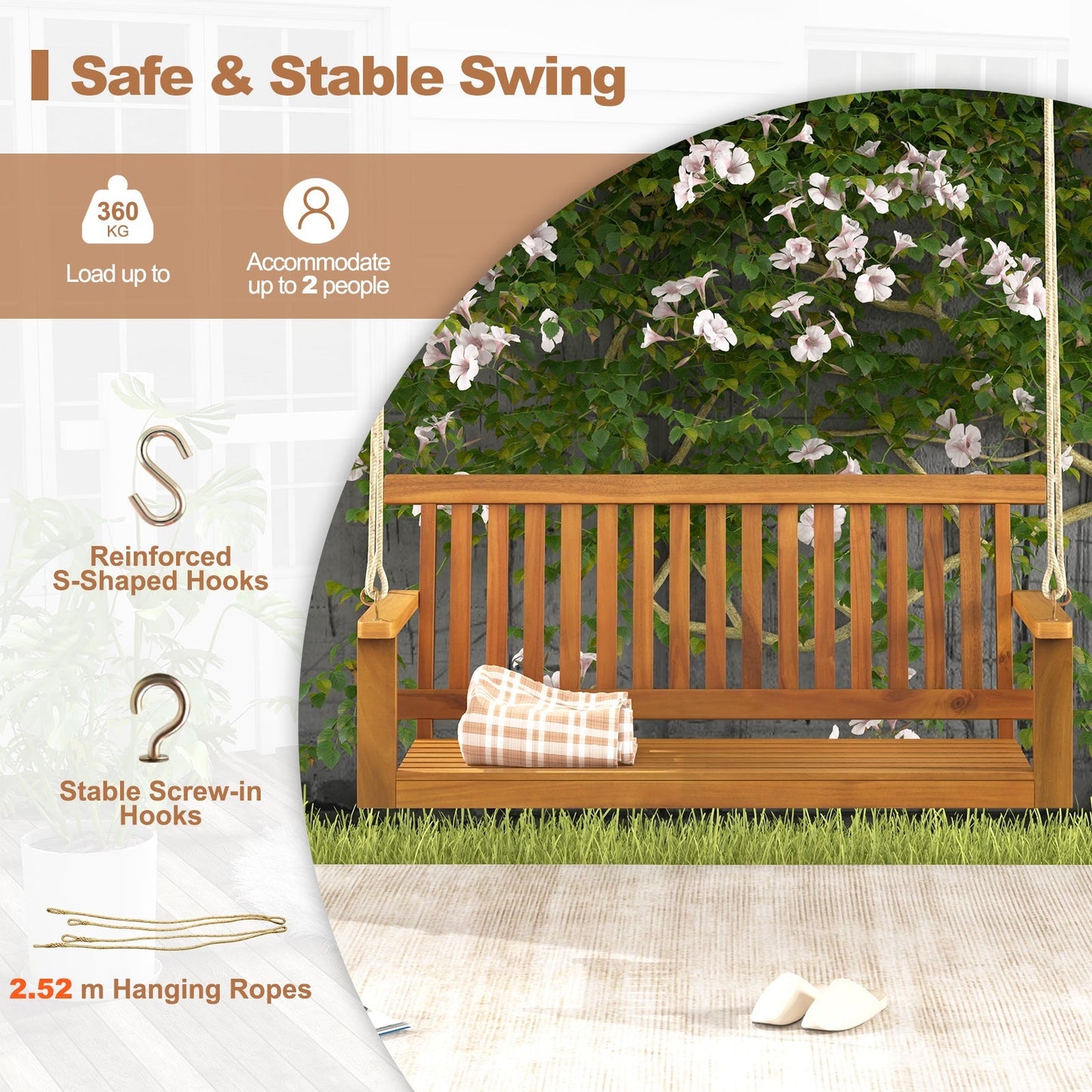 Acacia Wood Porch Swing with Slatted Seat and Backrest
