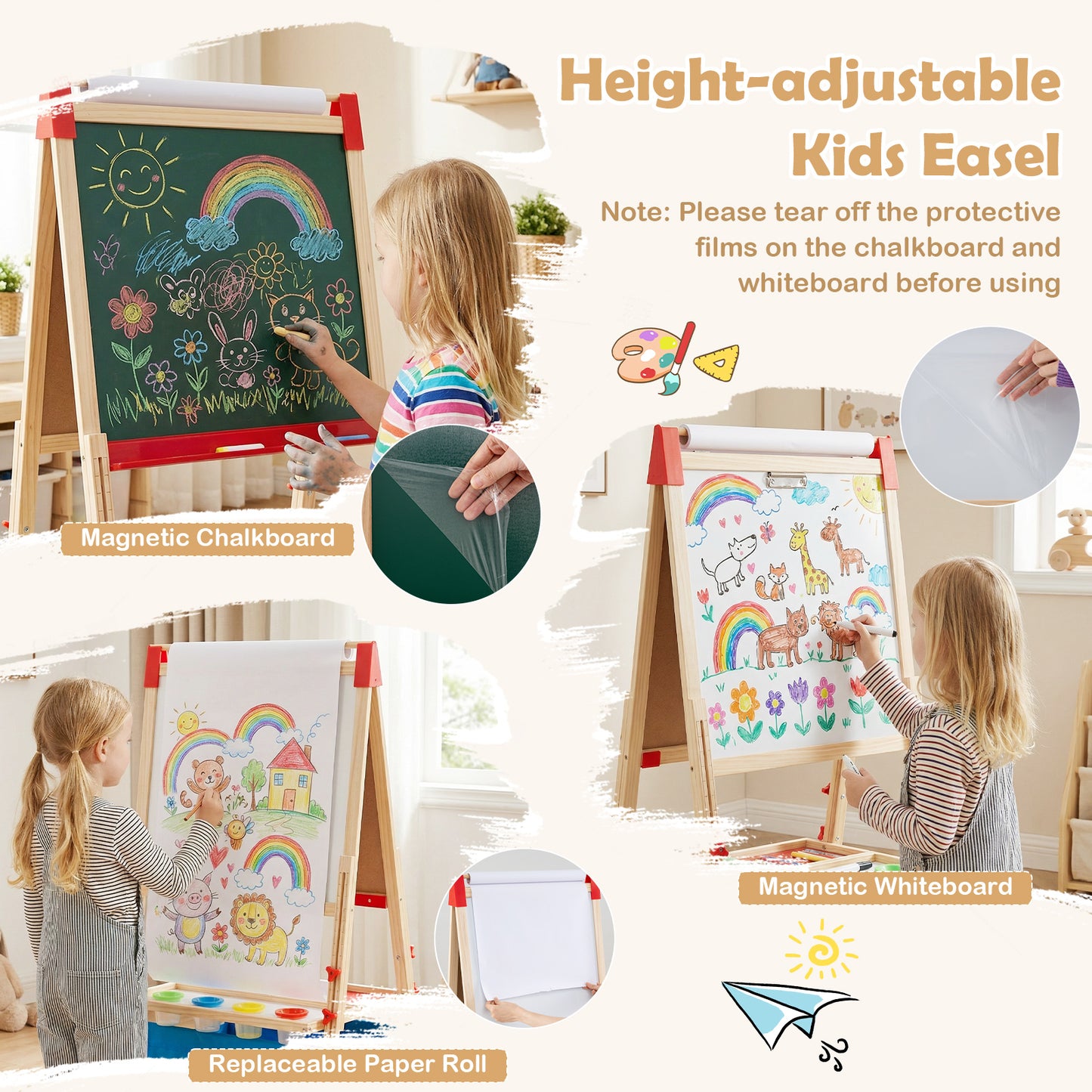 Adjustable Art Easel with Magnetic Chalkboard and Whiteboard-Colourful