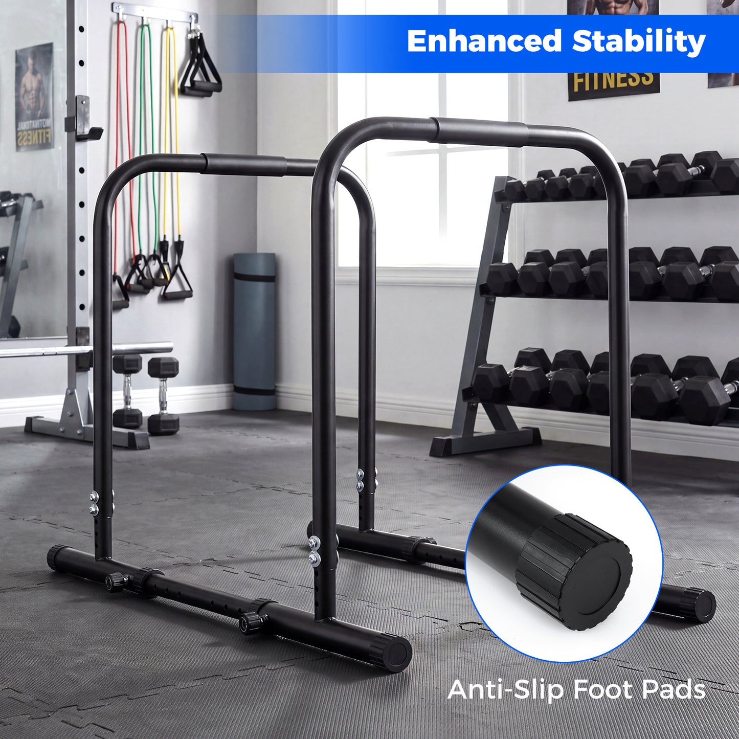 Adjustable Dip Bar Station with 300 KG Capacity and Anti-Slip Foam Grips-Black