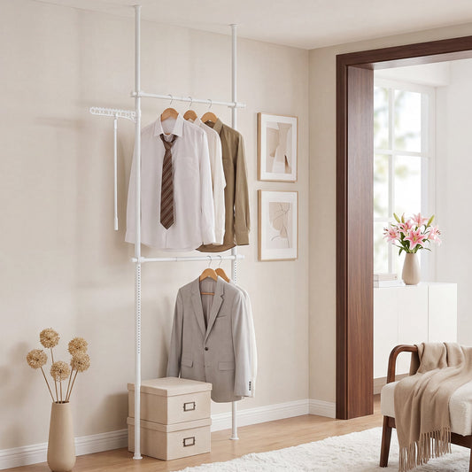 Adjustable Floor to Ceiling Clothes Rack with Double Rods & Folding Drying Rack for Laundry-White