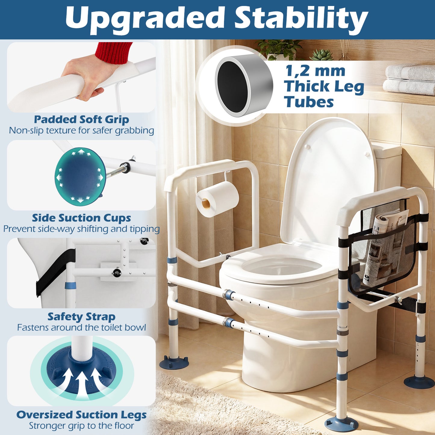 Adjustable Height and Width Toilet Safety Rails with Non-Slip Grip and Suction Legs-White