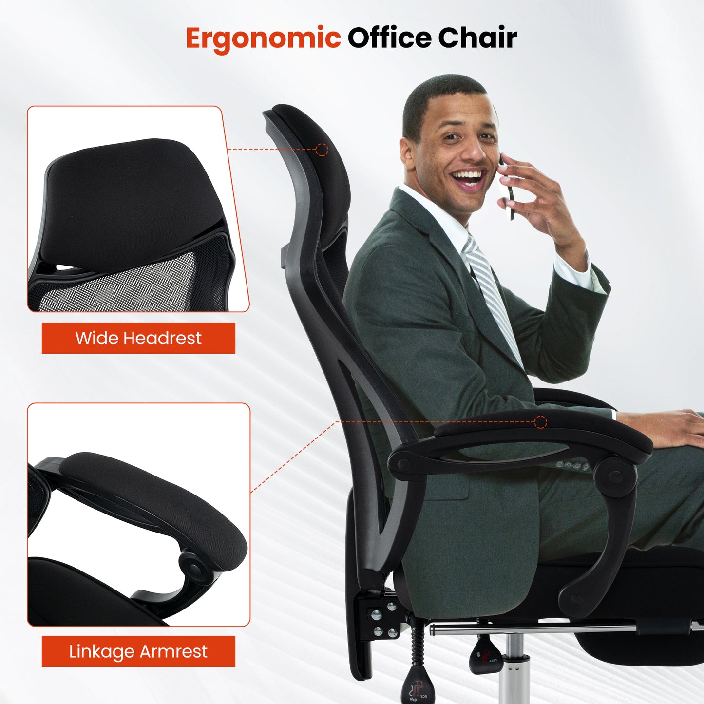 Adjustable Ergonomic Mesh Office Chair with Footrest-Black