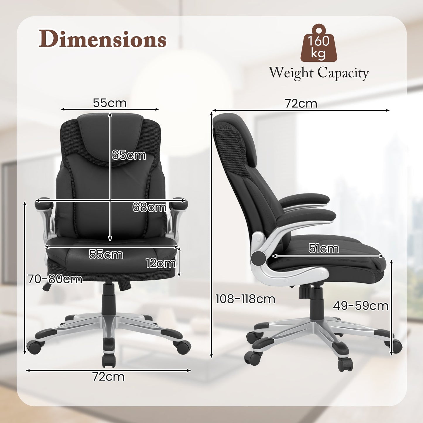 Adjustable Executive Office Chair PU Leather with Rocking Function and Armrests-Black