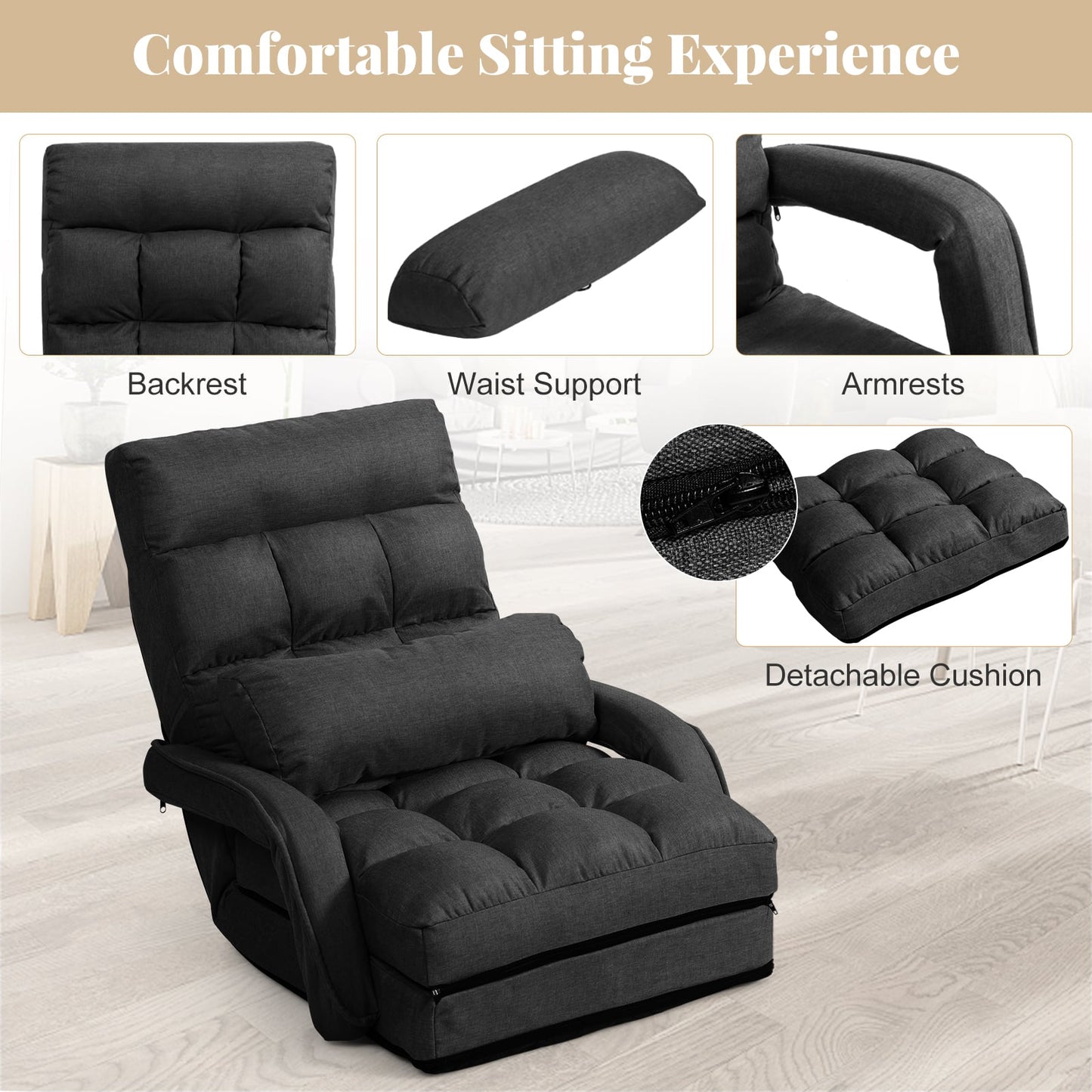 Adjustable Folding Floor Lazy Chair with Pillow-Dark Grey